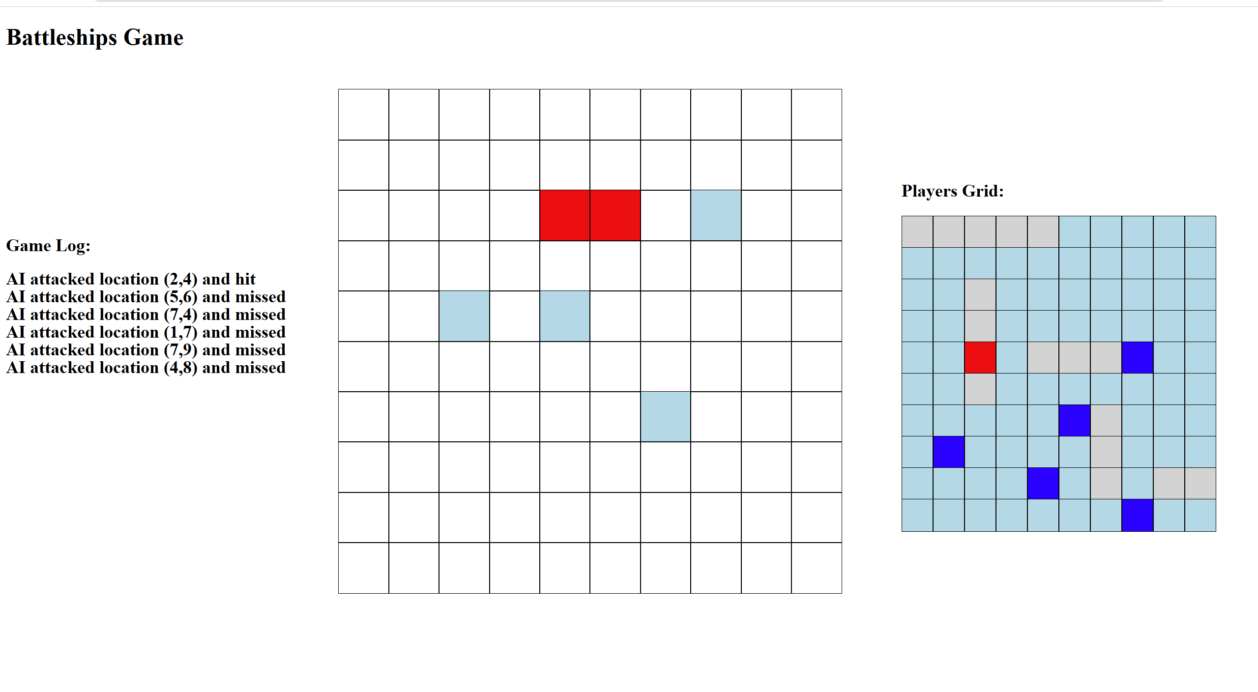 Battleships game interface showing player and AI boards